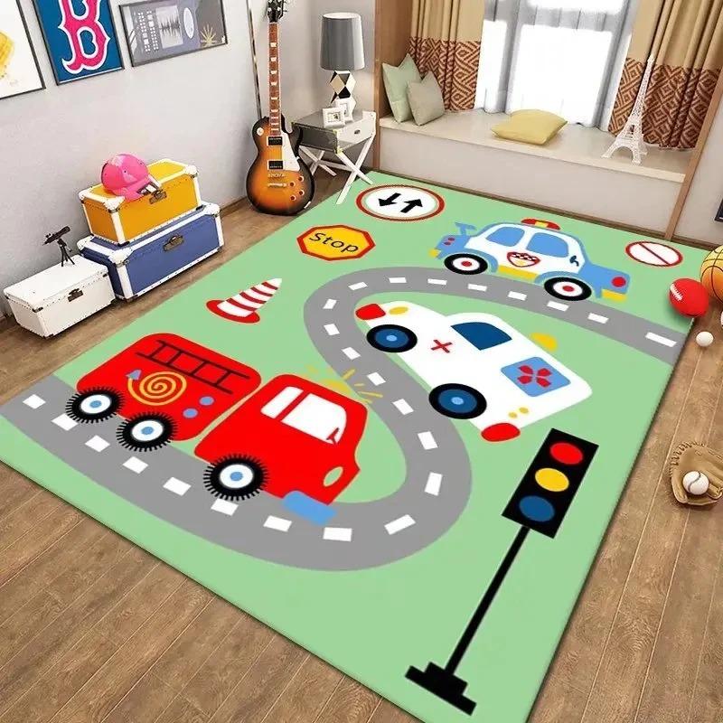 Kids Road Animal Play Rug Colorful Decorative Carpet with Cars Road Signs for Children's Play Area