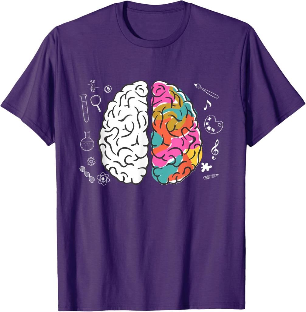 Left Right Brain Science Art Colorful Anatomy Graphic Tee Casual Cotton T-Shirt Unisex
