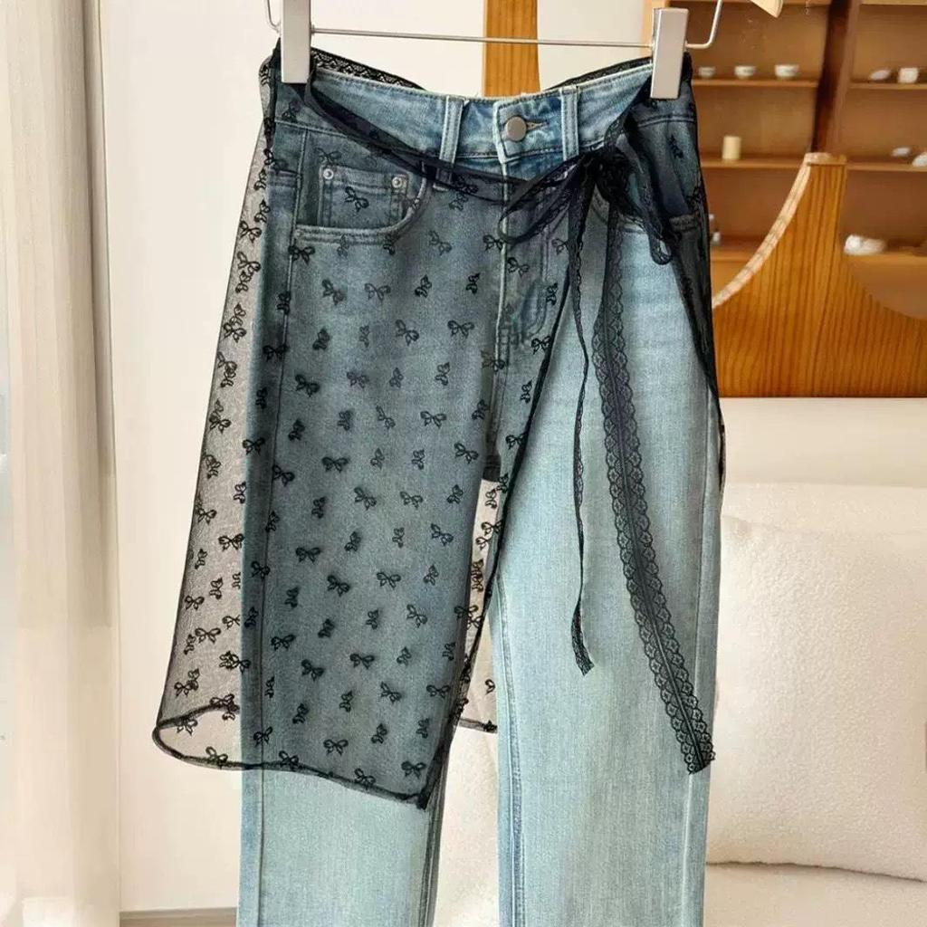 Korean Lace Embroidered Waistband Tulle Skirt with Layered Scarf Accessory