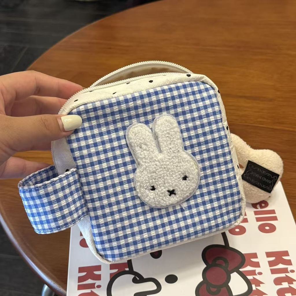 Blue Check Miffy Rabbit Storage Bag With Polyester Material For Casual Daily Use