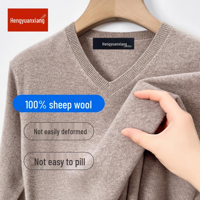 Hengyuanxiang Men's 100% Pure Wool Pullover, Round Neck, Thickened Winter Sweater for Middle-Aged Dads.