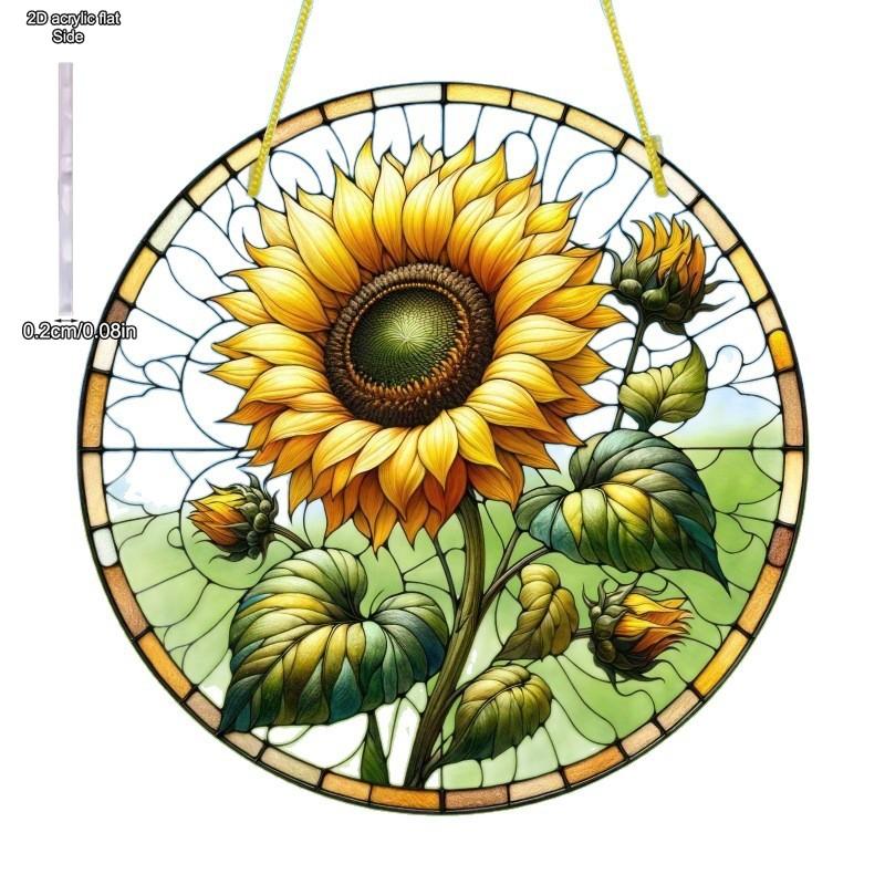 Sunflower Sunset Mountain Scenery Sun Catcher Stained Round Acrylic Hanging Decoration Suitable for Window Suncatcher Door, Four Seasons Decoration