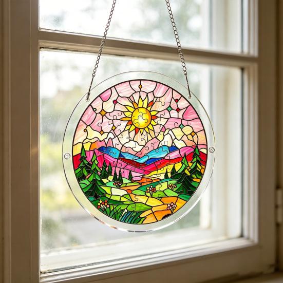 Acryl-Puzzle-Sonnfänger mit farbiger Lichtprojektion, DIY-Fensterhänge-Dekoration für Garten, Terrasse, Wohnzimmer, UV-bedrucktes Puzzle für Heimbüro