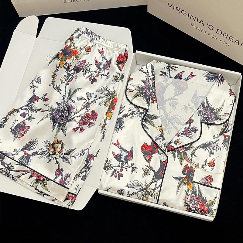 Kinesisk Klassisk Tuschmålning Blommönster Dam Pyjamas Elegant Gammal Stil Estetiska Nattkläder Sommar Lounges