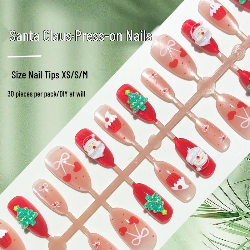 

Sweet Cherry Cake Red Cat Eye Christmas Nails - Santa & Tree Designs, 30 Pieces