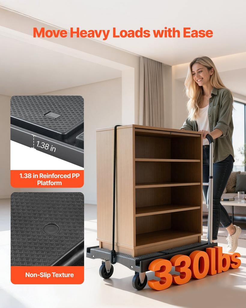 Foldable Push Cart Dolly, 149.69 kg Capacity, Folding Platform Truck with Swivel Wheels, Moving Platform Hand Truck Flatbed Cart, Adjustable Push