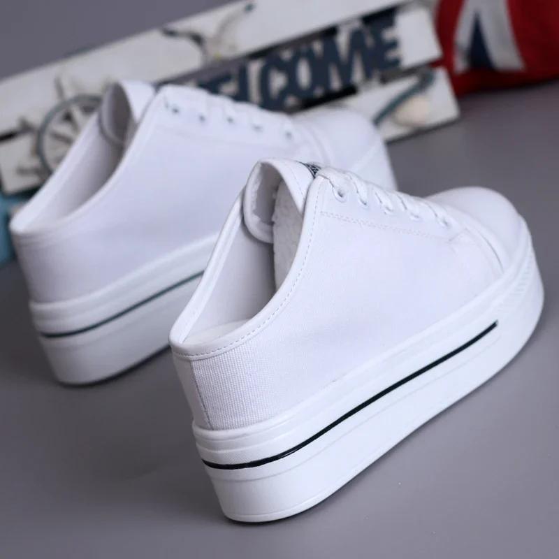 Fashion Spring Summer Women Slipper Pumps Canvas Shoes Internal-increase 8cm High Heels Solid Casual Student Outside Female Slippers