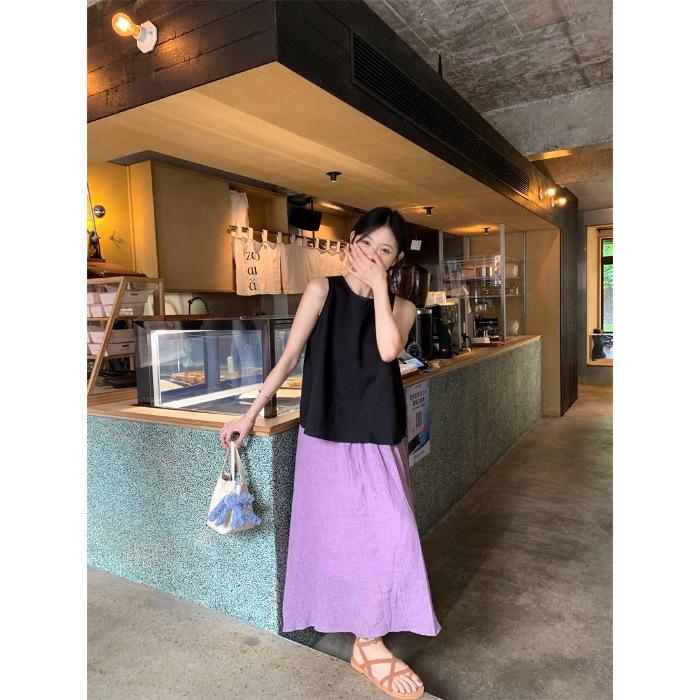 Summer new loose and versatile black sleeveless vest women s pleated A-shaped pendulum skirt two-piece set S