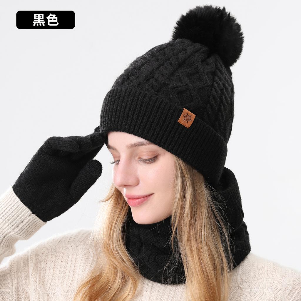 Hat, scarf and gloves three-piece set, winter outdoor riding scarf double-layer fleece and thicker, knitted hat