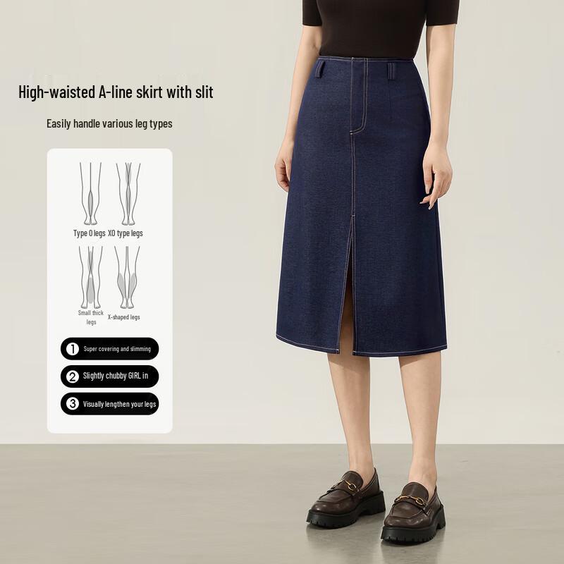 Shangdubila High-Waisted A-Line Midi Skirt with Contrast Stitching