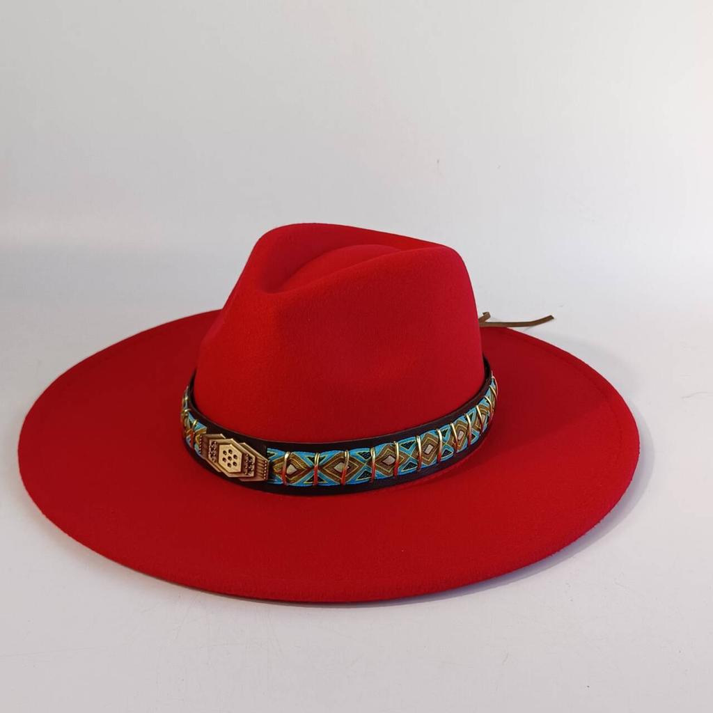 Felt Hat with Vintage Leather Belt, Fashionable European and American Jazz, Classic Church Style, Wide Brim, 9.5cm