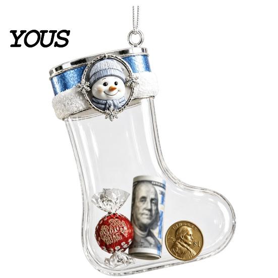 Decorative Stocking for Christmas Tree Fillable Acrylic Ornament, Transparent Candy Filled Plush Glitter Ornaments Hanging Decor, Santa Snowman