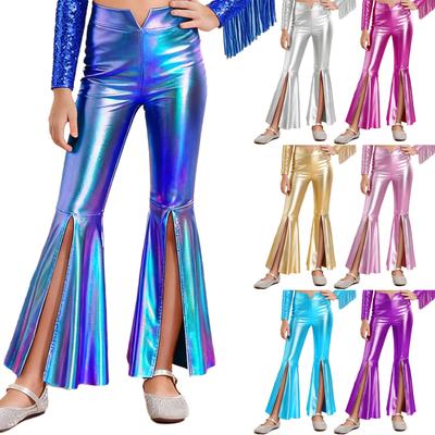 Traje de Danza para Concurso de Niñas Pantalones Acampanados Metálicos Diseño de Pierna Dividida Atuendo de Competición para Actuación Escénica