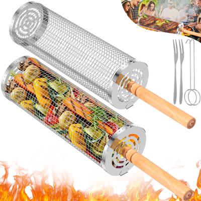 BBQ Basket Stainless Steel Rolling Grilling Basket Grill Net Cylinder Grill Basket Portable Round Outdoor Camping Barbecue Rack
