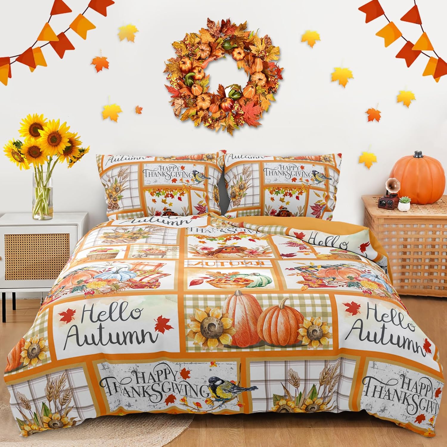 

Набор лоскутного пододеяльника на День благодарения размера кингОсенний фермерский пододеяльник с тыквой и подсолнухомОсенний урожай тематический EU Twin(135x200cm)