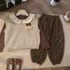 2025 Autumn Girls' Korean Long-Sleeve Knit Vest & Polka Dot Pants Set