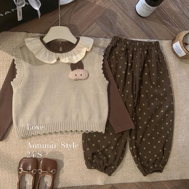 2025 Autumn Girls' Korean Long-Sleeve Knit Vest & Polka Dot Pants Set