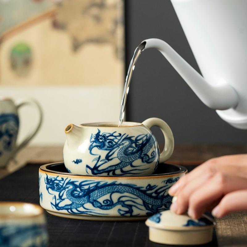 180ml Traditional Ru Kiln Blue and White Dragon Pattern Xi Shi Teapot For Home Tea Making High-end Ceramic Teapot KungFu Tea Set