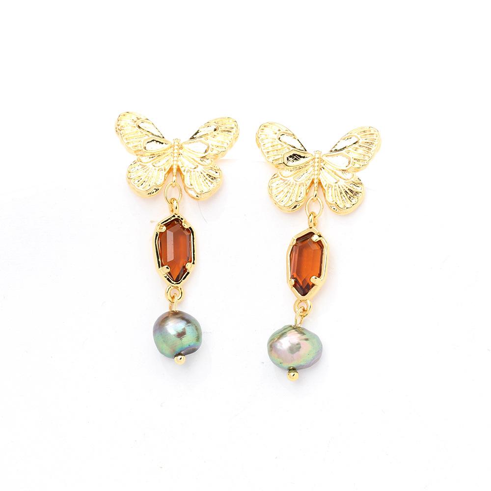 French retro elegant light luxury yellow crystal fringed earrings temperament gold-plated dyed pearl butterfly 925 stud earrings