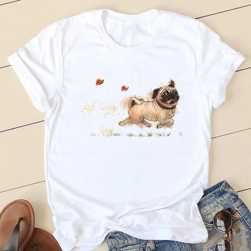 Sweet Love Pug Streetwear White Fashion Women T-Shirts Harajuku Kawaii Clothes Short Sleeve Summer Tee Casual Female Tops O-Neck