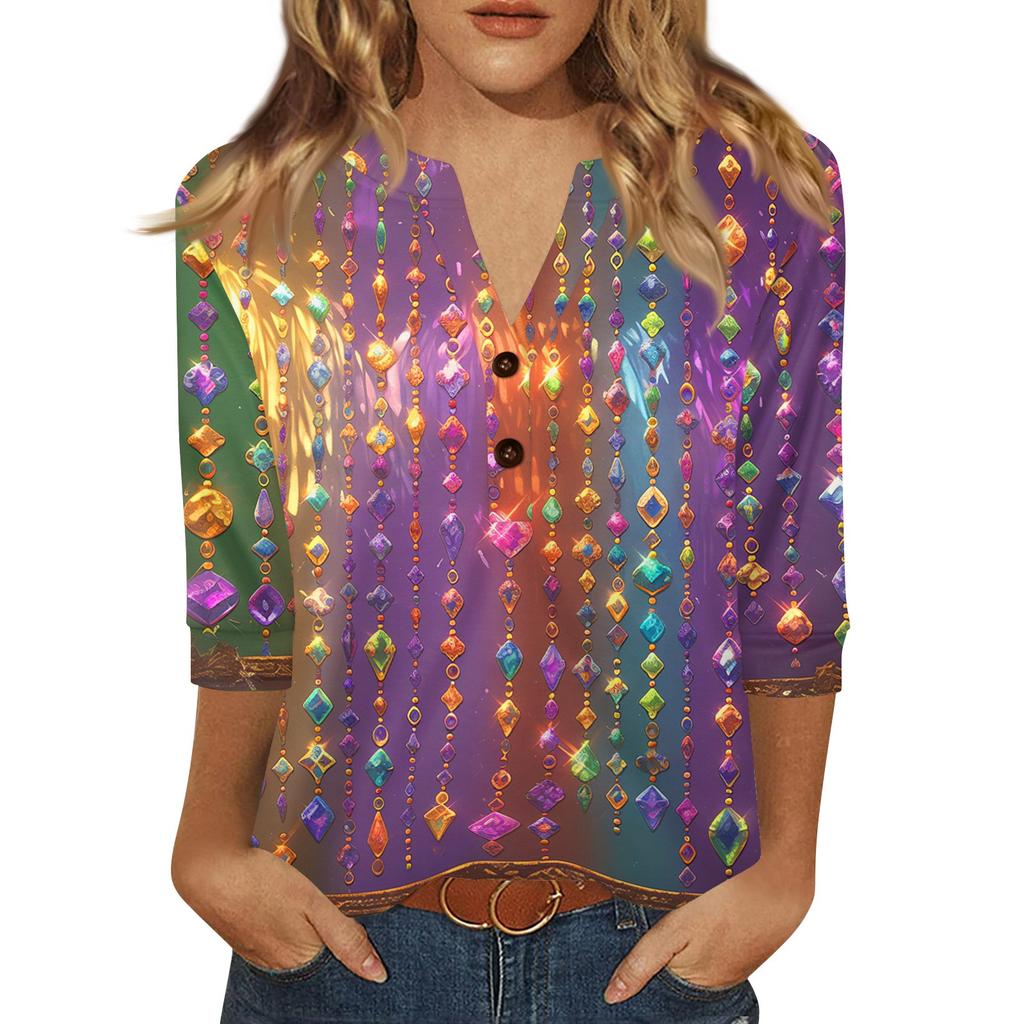 Women's Carnival Printed Fashionable Casual V-neck Button Seven Inch Sleeve T-shirt Top