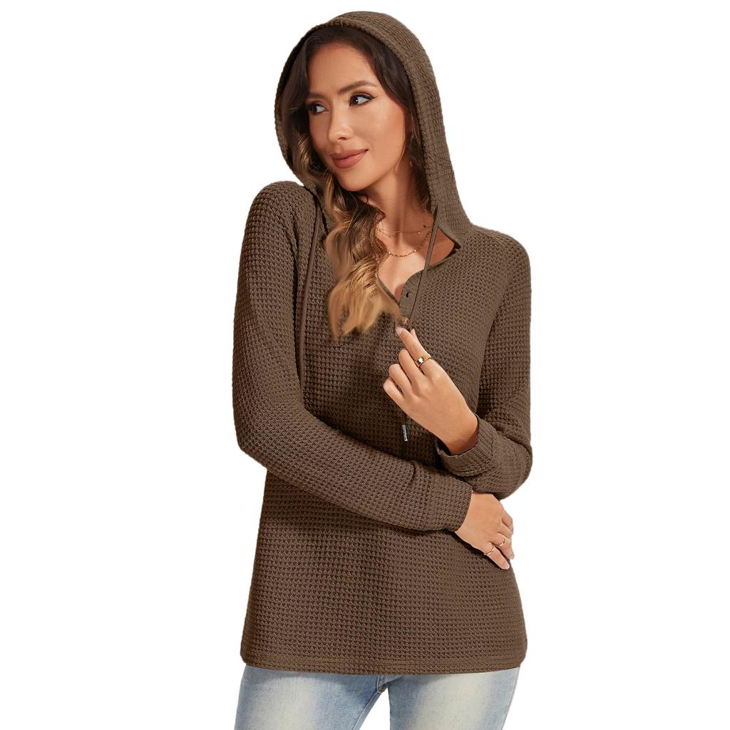 Women's Fashion Long Sleeve Drawstring Hooded Button V-neck Casual Hooded Sweatshirt Top