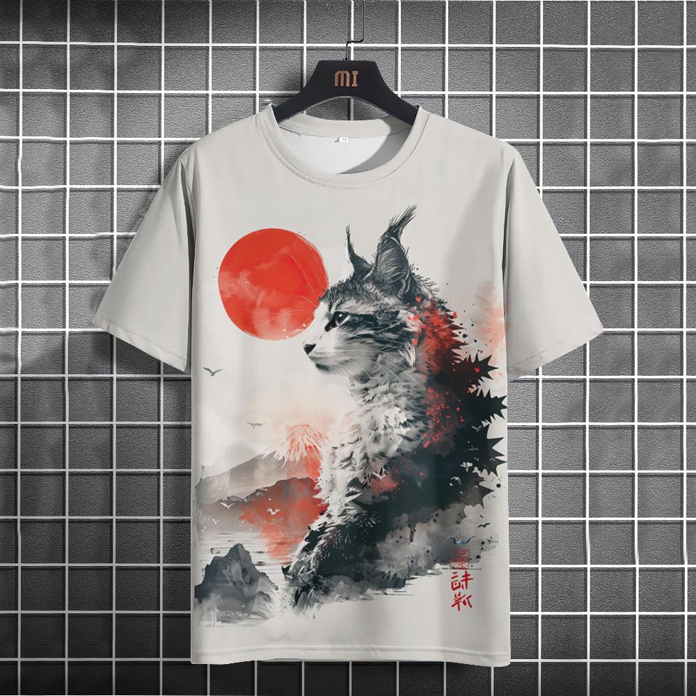 Japanese Style T-Shirt For Men Godzilla And The Cat Graphic T Shirts Printed Short Sleeve T Shirts Oversized Men's Clothing Tops