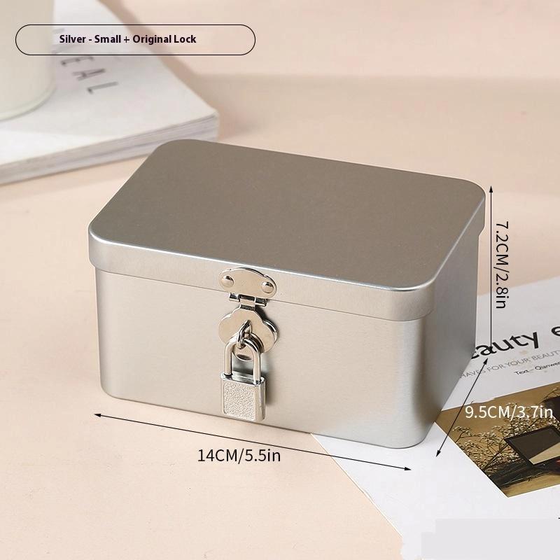 Silver Lockable Tin Storage Box Multifunctional Desktop Storage Box Metal Box Jewelry Storage Empty Box