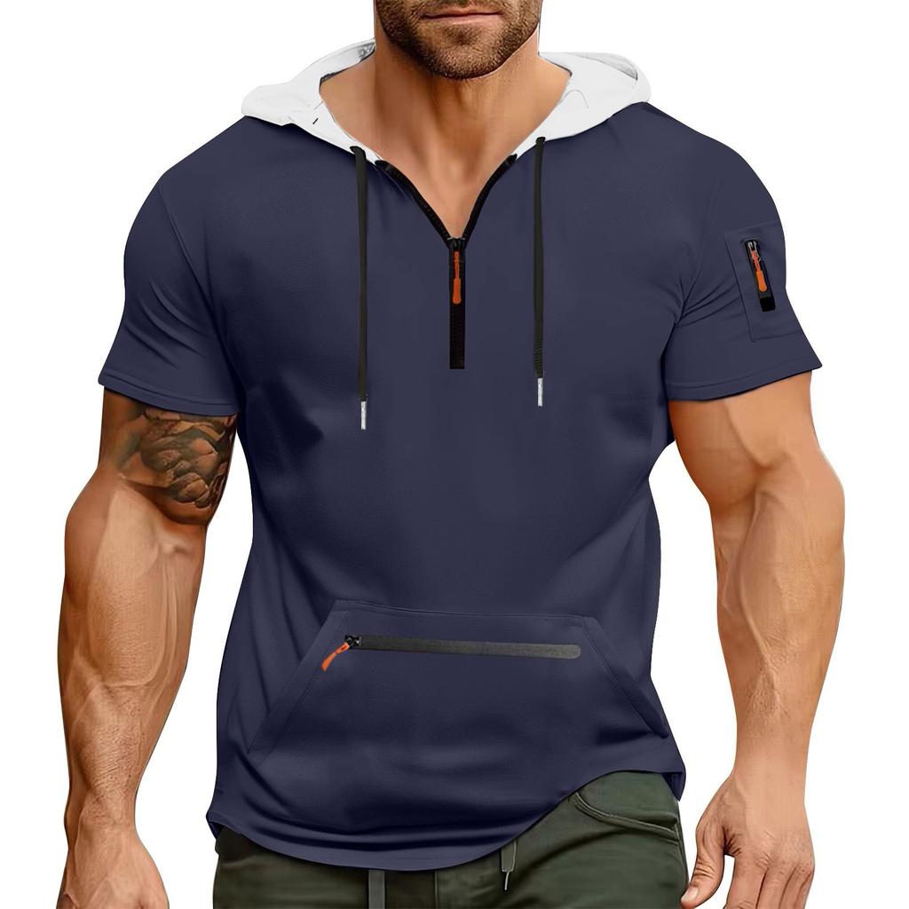 Men's Summer Shirt Zipper Pocket Short Sleeve Hooded Sweatshirt Men's Sports Large Size Casual Sweatshirt