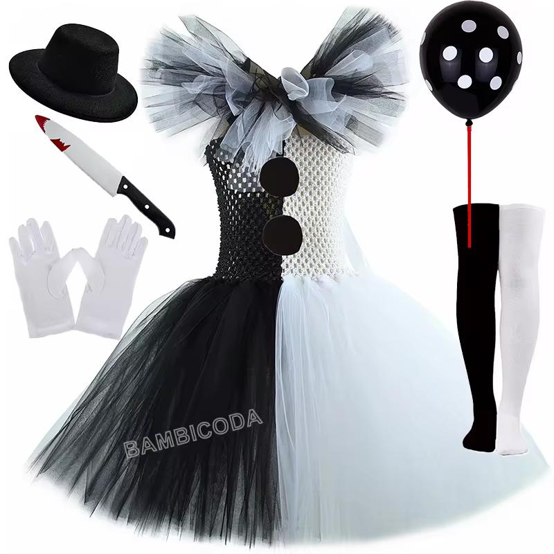 Das Clownskostüm Terrifier Art Girl Schwarz Weiß Ausgefallenes Tutu-Kleid Horror Joker Kleid für Mädchen Halloween Karnevalsparty Kostüme