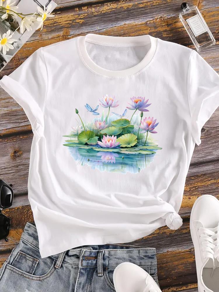 (Asian Size) Lady Female Top Printed Women Flower Sweet Trend 90s Casual T Shirt Fashion Graphic Short Sleeve T-shirts Tee Clothing