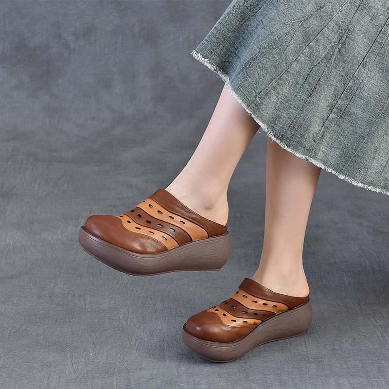 Mode 6cm Echtleder Schweinsleder Mokassins Damen Sommer Aushöhlen Damen Dicksohlige Flats Plateau Keilsandalen Runde Zehenschuhe