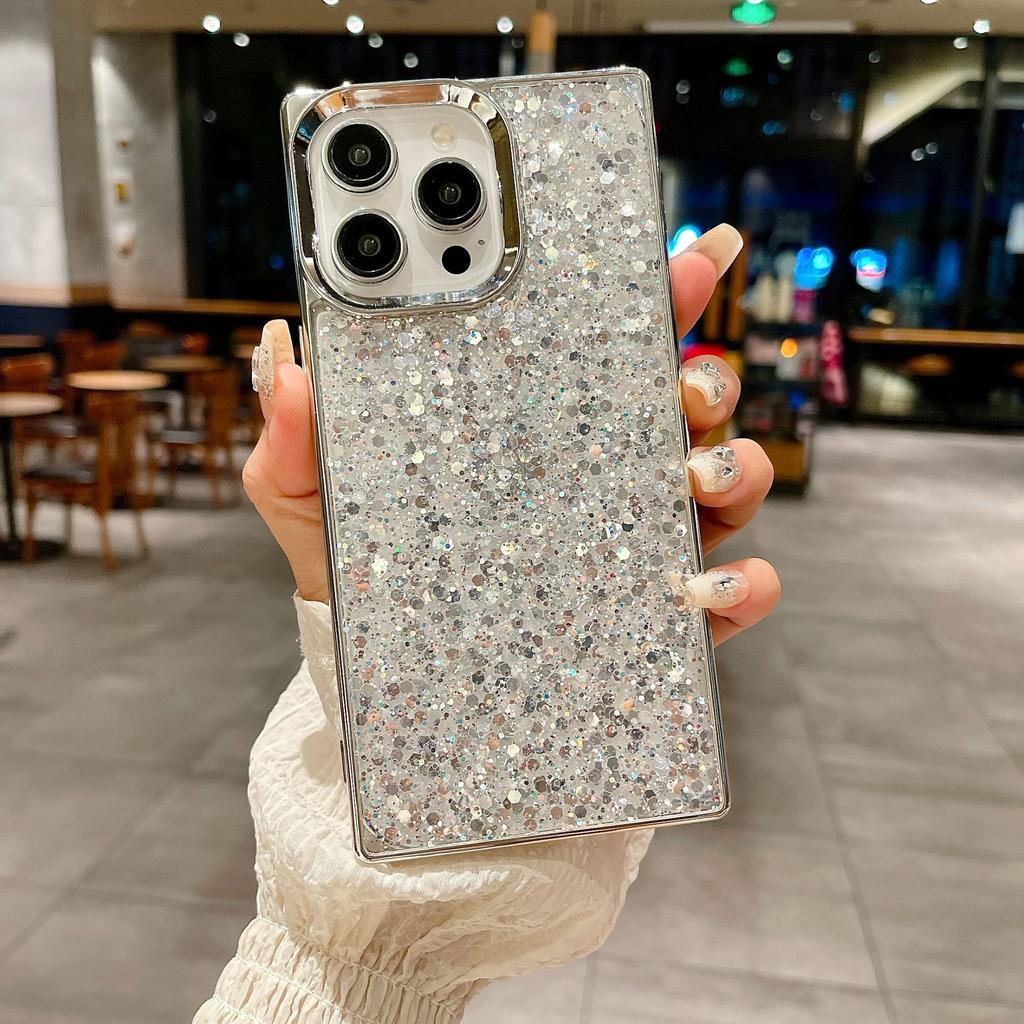 Electroplated square Epoxy sequin glitter iPhone16Promax mobile phone case for Apple 14Pro protective case