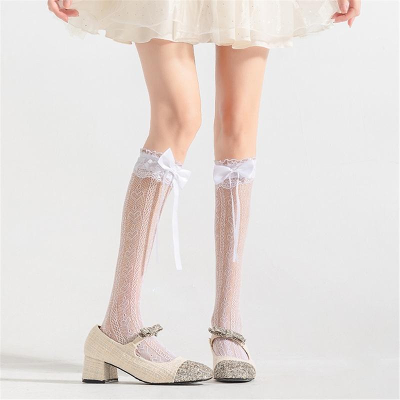 Japanese Style Ruffle Lace Trim Over the Calf Socks for Women Cute Ribbon Bowknot Hollowed Out Heart Fishnet Stockings