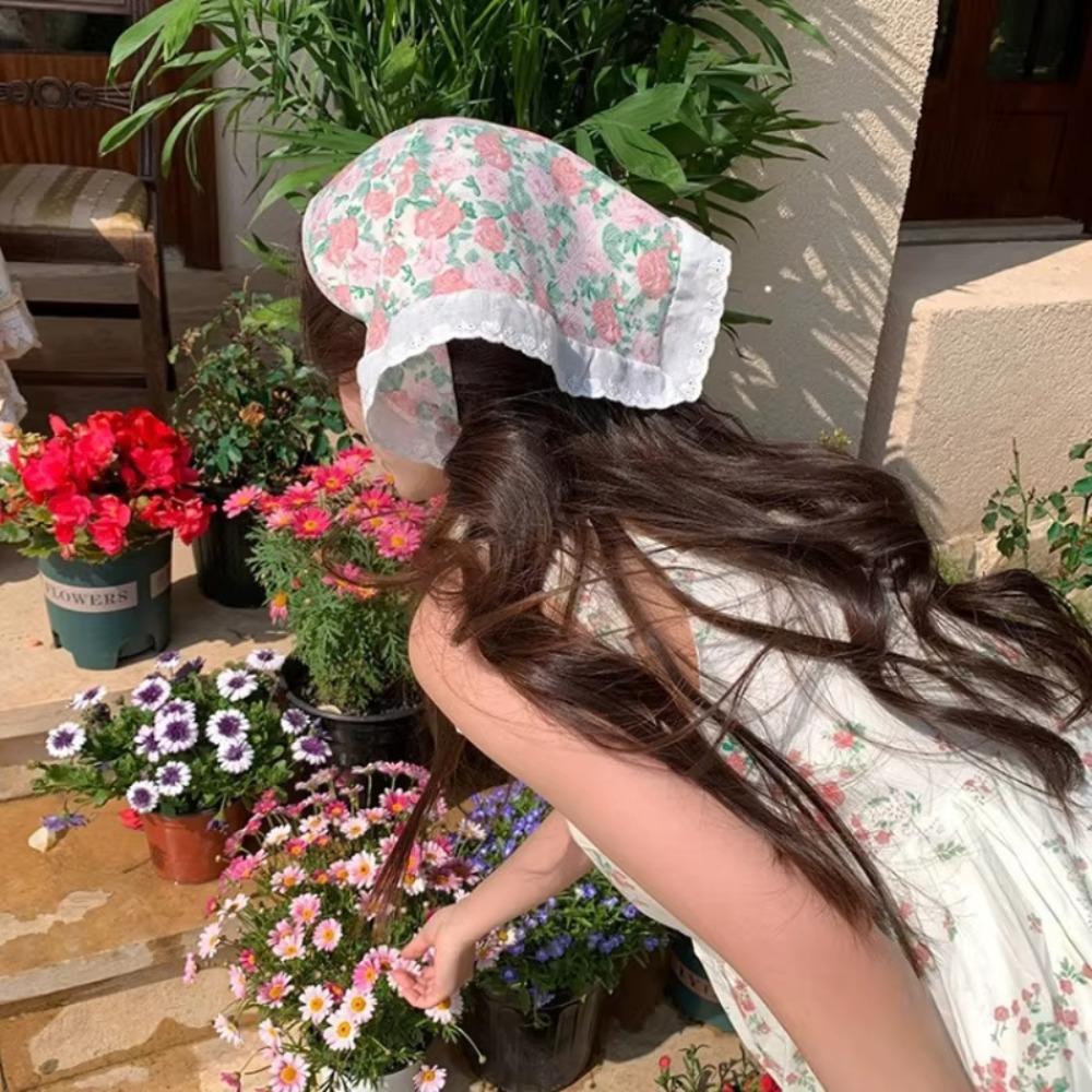 

Sweet Lace Triangle Scarf Soft Wrap Printing Hair Scarf Floral Cotton Head Scarf Outdoor Style 7