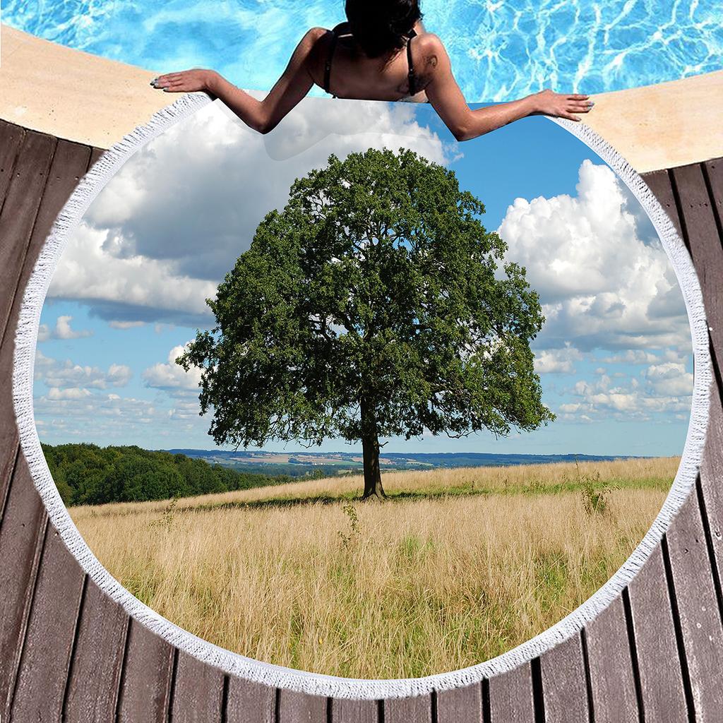 Big Tree Print Round Beach Towels, Polyester Sand Resistant Shawl Beach Blanket,Soft Absorbent Quick Dry Pool Towel Picnic Mat