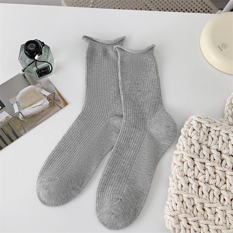 Rolowane Skarpety z Puszystej Bawełny dla Kobiet, Skarpety Bawełniane do Połowy Łydki Jednokolorowe na Wiosnę i Jesień, Beżowe Proste i Uniwersalne Długie Skarpety, Lato