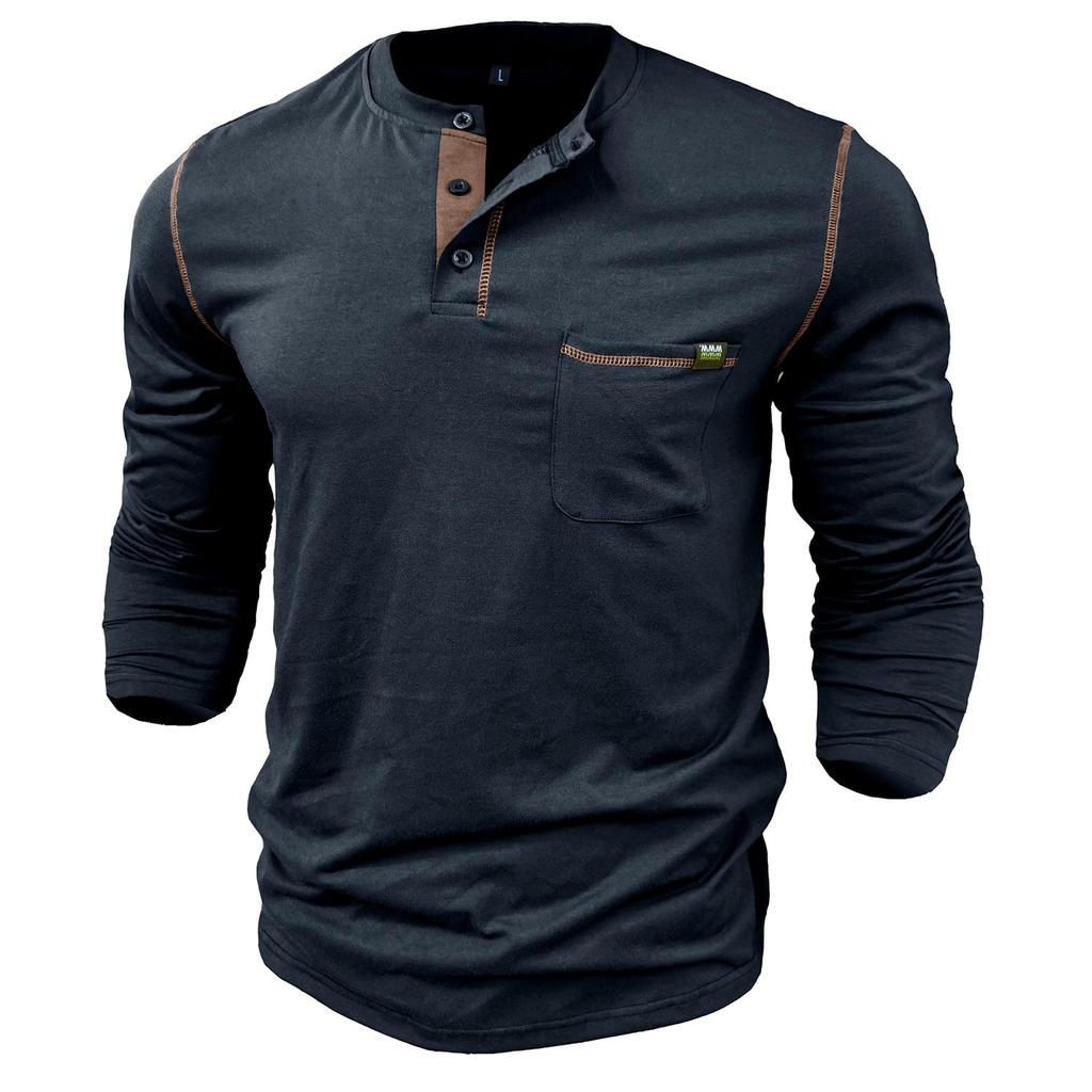 Men's Clothing Button down Shirts Long Sleeves Pullovers Knitted T-shirts In Matching Color Buttons Round Neck Tops with Chest Pockets Stylish Casual
