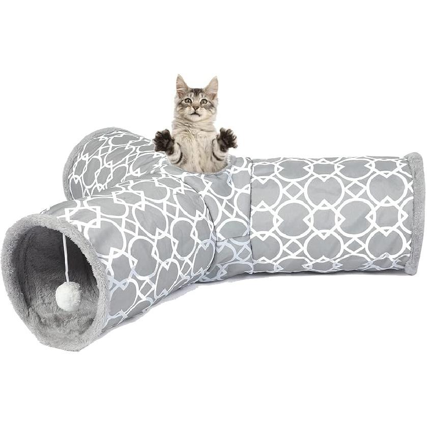 LUCKITTY Geometric Straight Cat Tunnel with Plush Inside,Cats Toys Collapsible Tunnel Tube with Balls, for Rabbits, Kittens, Ferrets,Puppy, Diameter