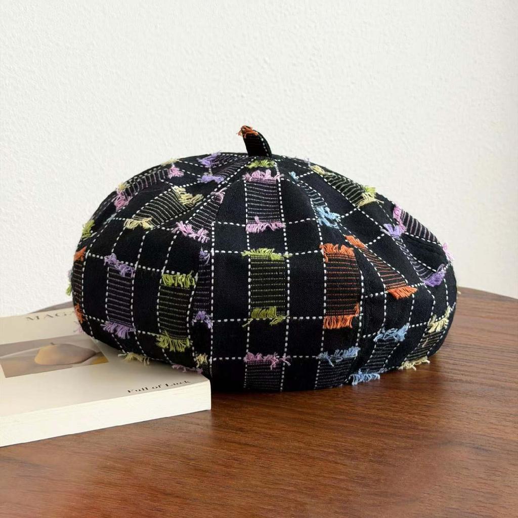 Dopamine color plaid forward hat cute graffiti personality beret fashion versatile literary painter hat