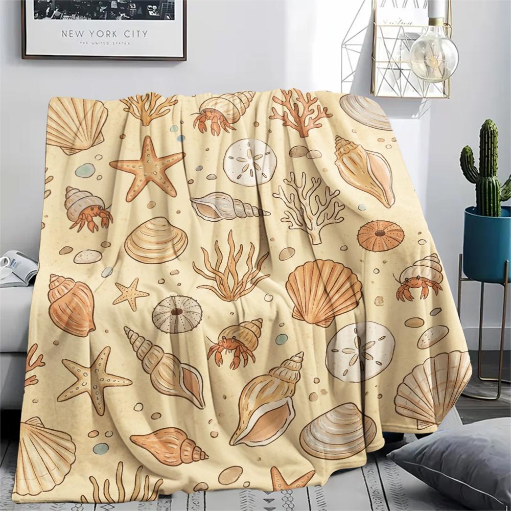 1PC Summer Beach Print Flannel Blanket, High quality All Seasons, Home Decor, Warmth and Comfort, Perfect for Christmas Gifts