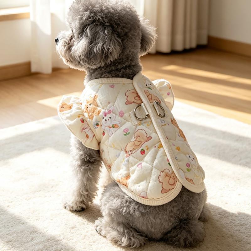 Quilted Cotton Pet Vest with Ruffle Sleeves and Leash D-Rings for Small Dogs and Cats, Autumn Winter Clothing