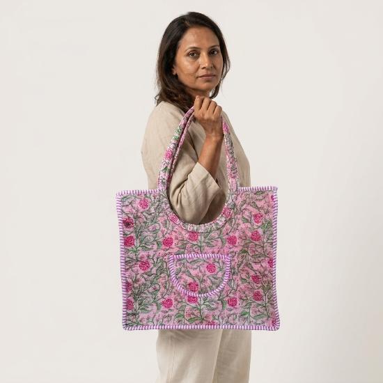 Shoulder Bag Usalover925 Pink Quilted Cotton Floral Print Shoulder Bag 04