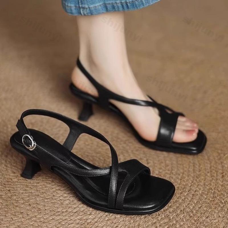 Fashion Women's Sandals Genuine Leather Sheepskin 2025 Summer Square Toe Open Toe Soft High Heels Banquet Dress Female Slingback Sandals