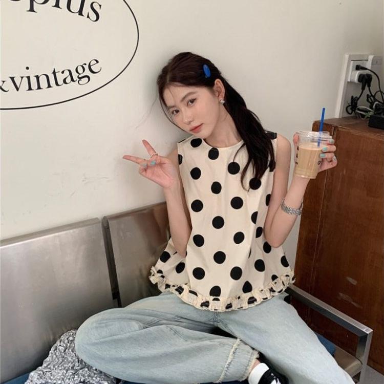 French Temperament Thin Round Neck Vest Women's Summer New Korean Retro Playful Fungus Edge Sleeveless Polka Dot Shirt