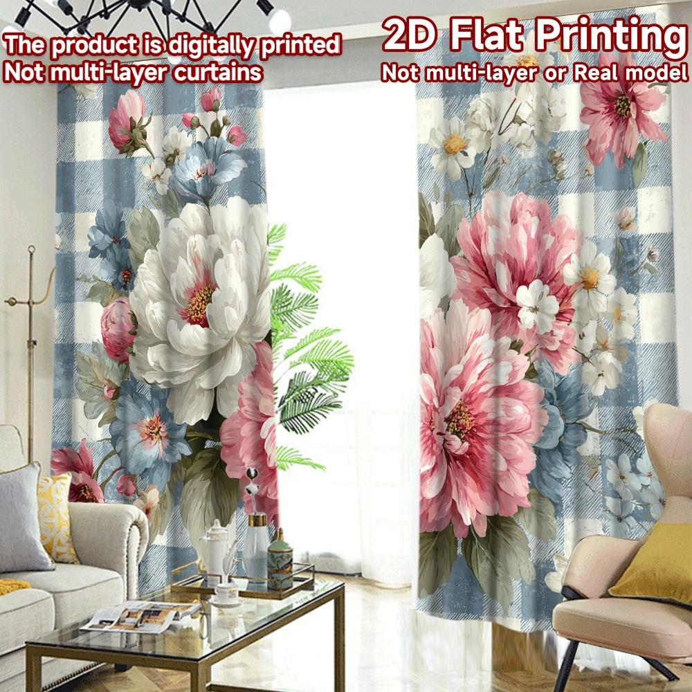 2D FLAT PRINTING 2pcs Curtains (Without Rod) Floral Checkered Design Contemporary Popular Curtains Polyester Easy Install