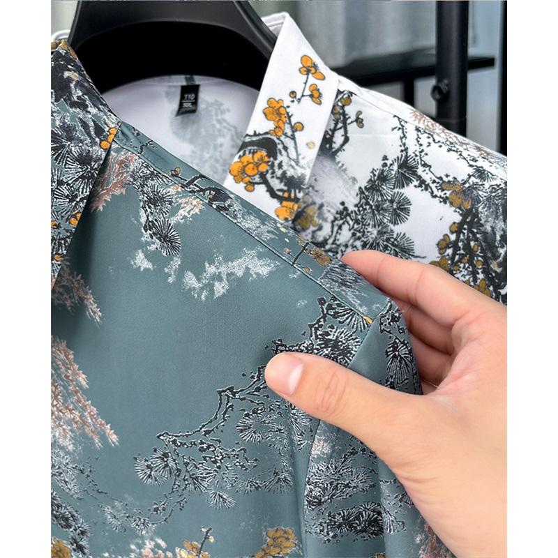 Chinese Style Ink Plum Blossom Short Sleeved Shirt For Men Retro Breathable Shirt