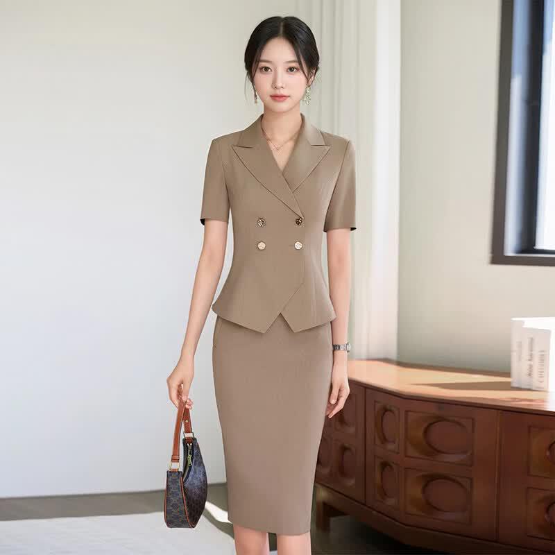 Toluoman Women s Khaki Short-Sleeve Professional Suit Set M