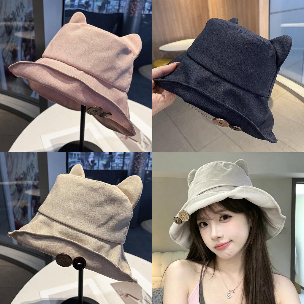 Summer Cat Ear Fisherman Hat With Sun Protection Adjustable Wide Brim For Casual Women
