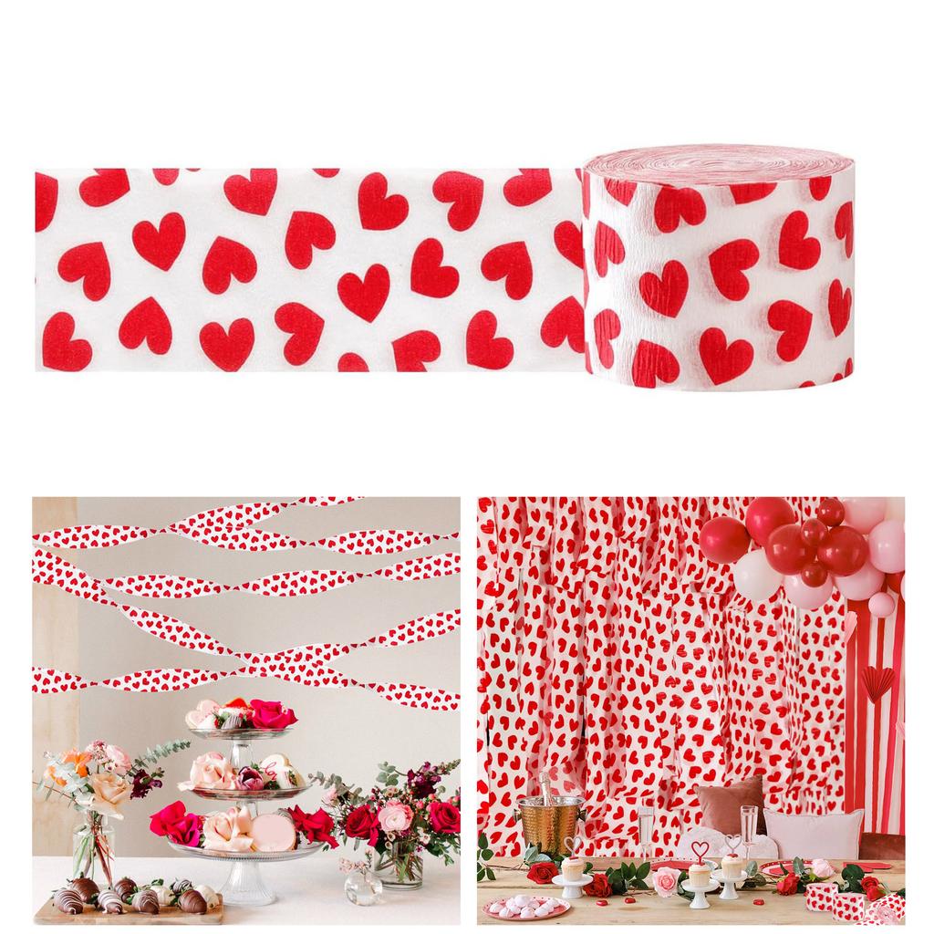 Pack Of 6 Valentines Heart Print Crepe Paper Rolls Colorful Ribbon Wedding Party Decorations Handmade Craft Supplies